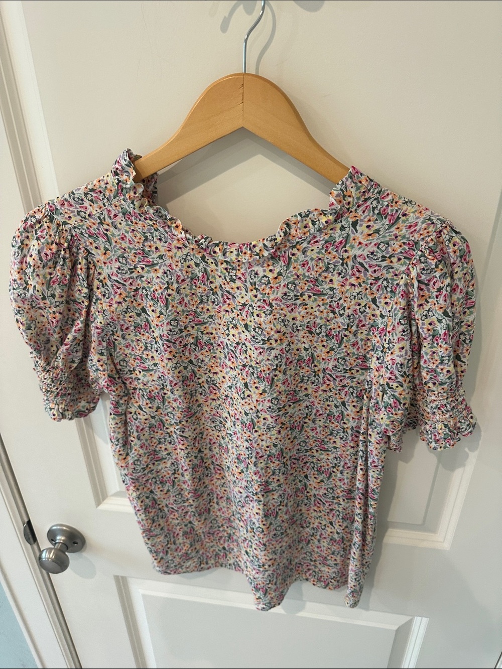 Ruffled Neck Floral Puff-Sleeve Blouse - Multi-Color